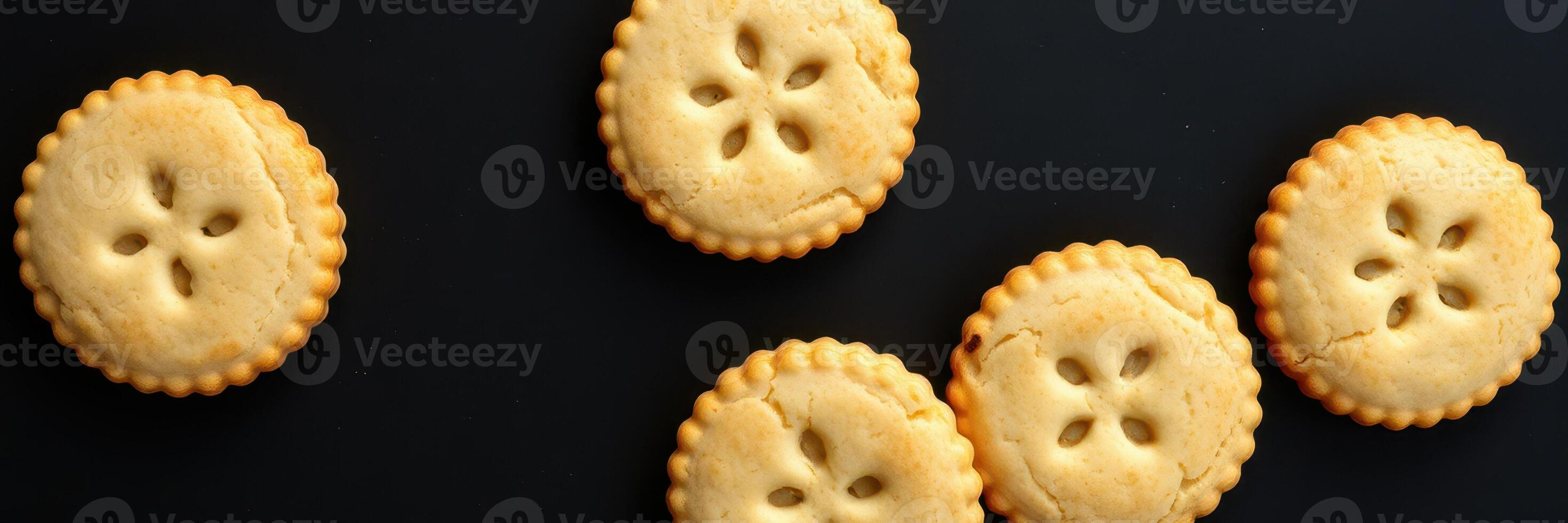 Delicious round cookies with decorative patterns arranged on a dark surface creating an appealing dessert display photo