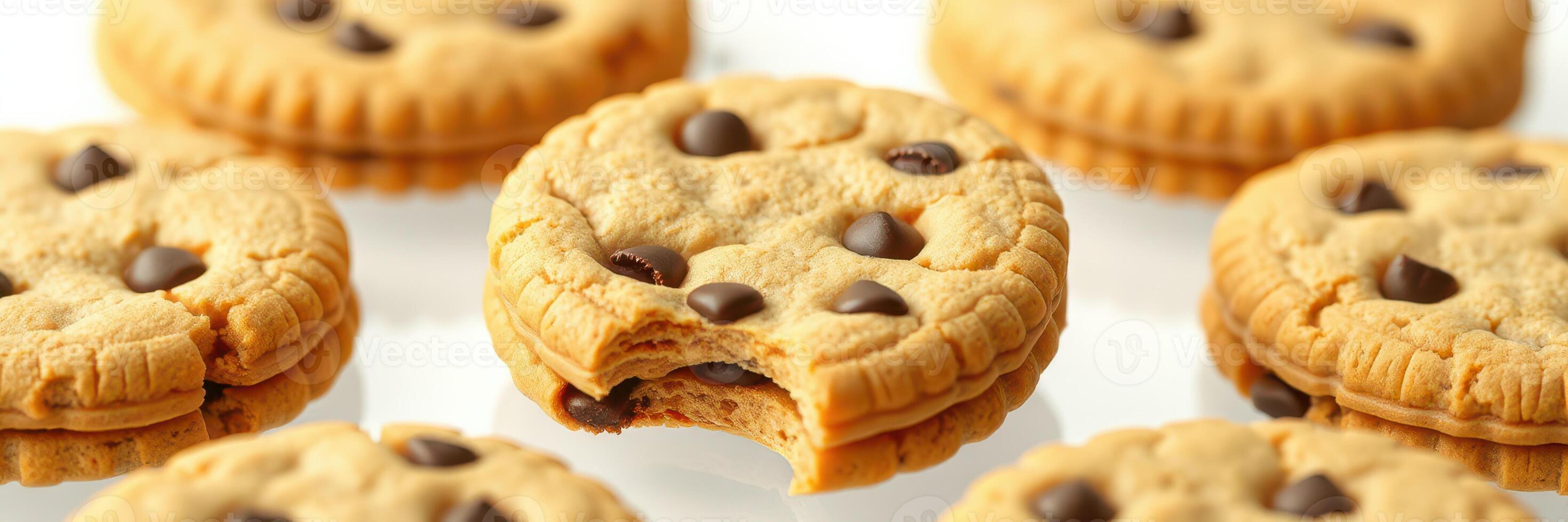 Delicious chocolate chip cookies arranged beautifully with one cookie having a bite taken out photo