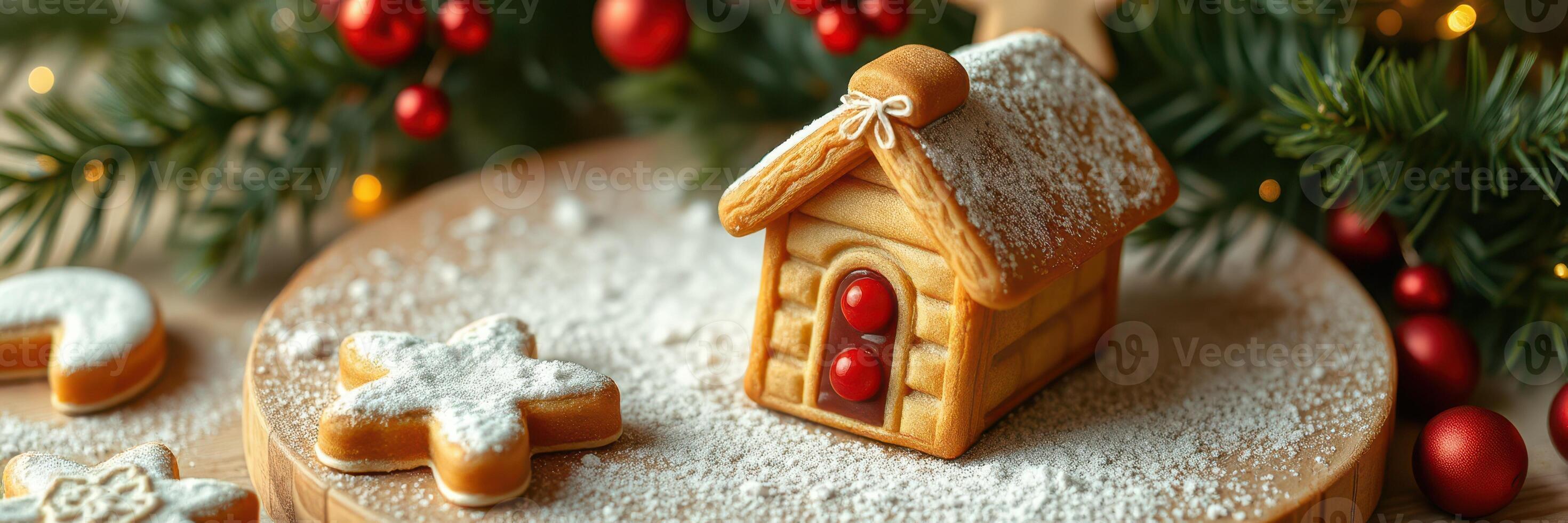 Gingerbread house decorated with icing and red candies on a wooden tray during the festive season photo