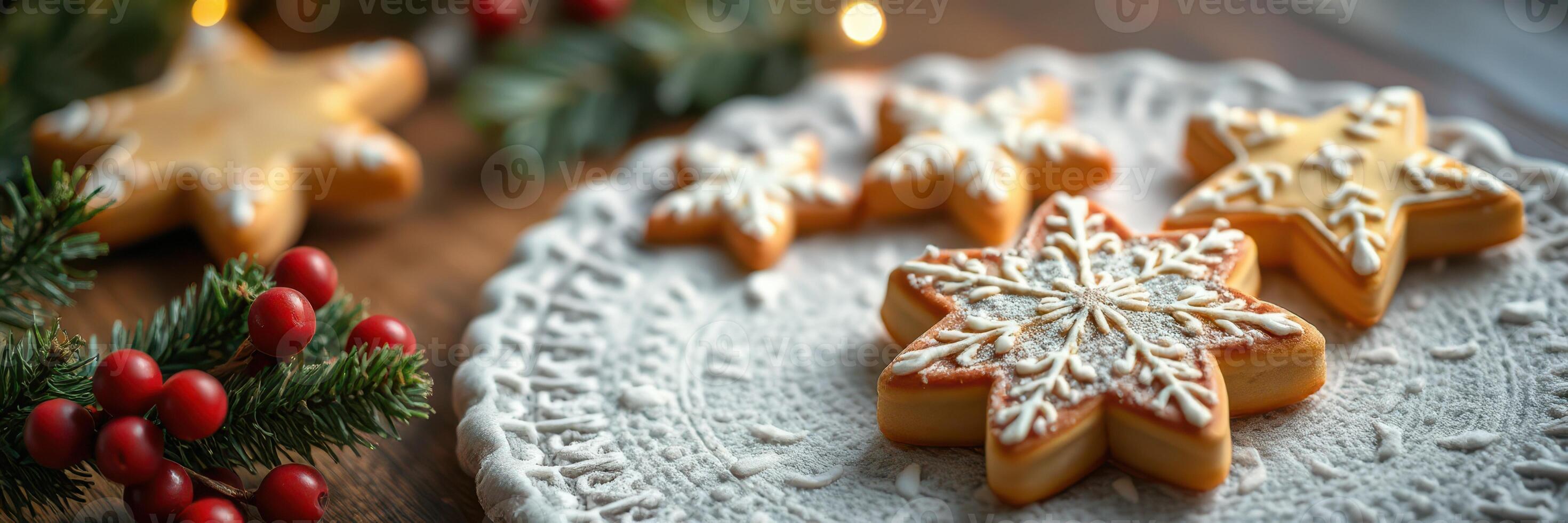 Decorated holiday cookies arranged on a textured plate with festive greenery in the background during winter season photo