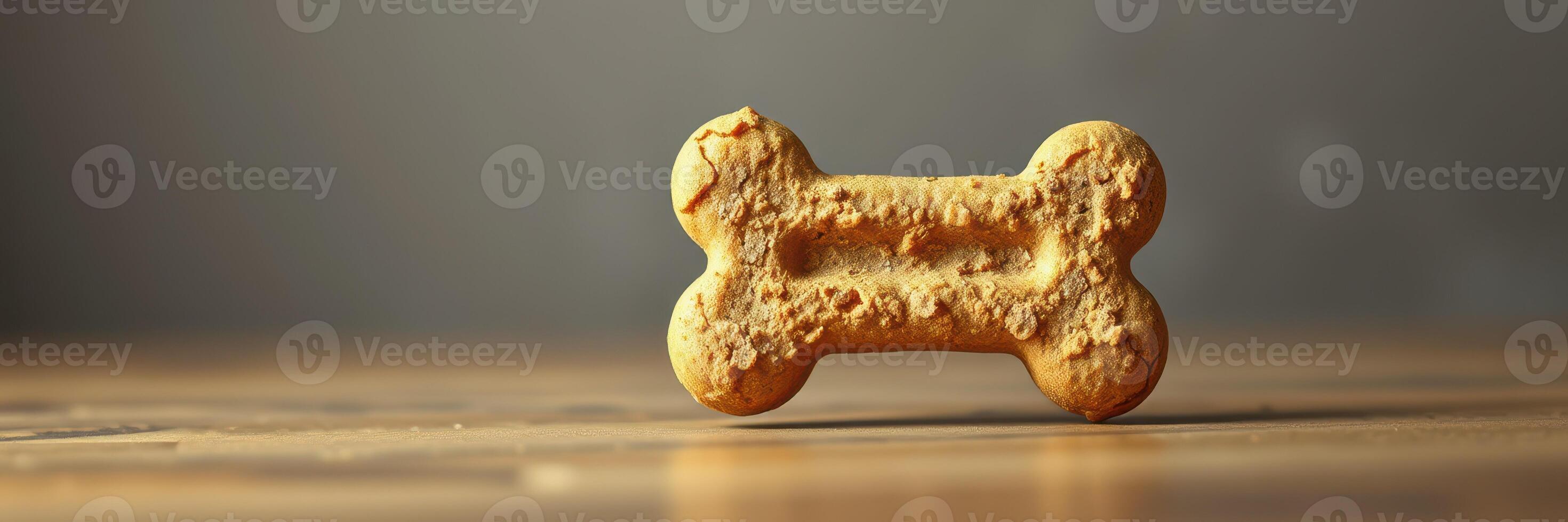 Dog treat shaped like a bone sits on a wooden surface in warm lighting, highlighting its crunchy texture and color photo