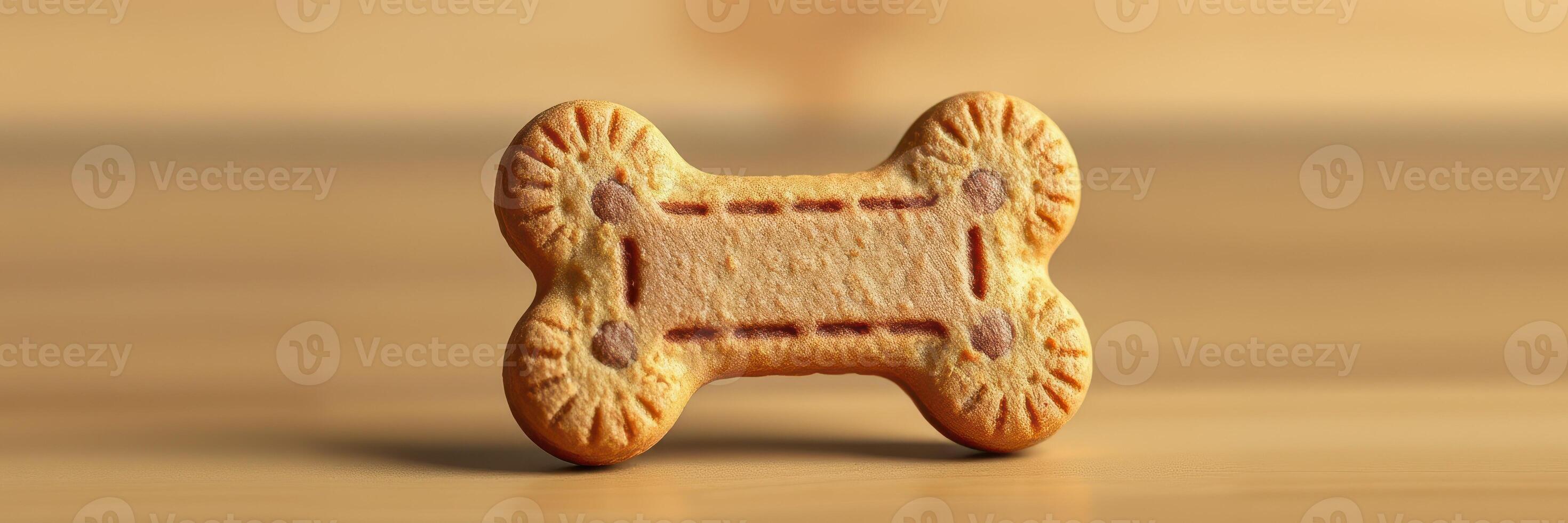 Delightful bone-shaped biscuit for pets on a wooden surface, showcasing a warm and inviting treat photo