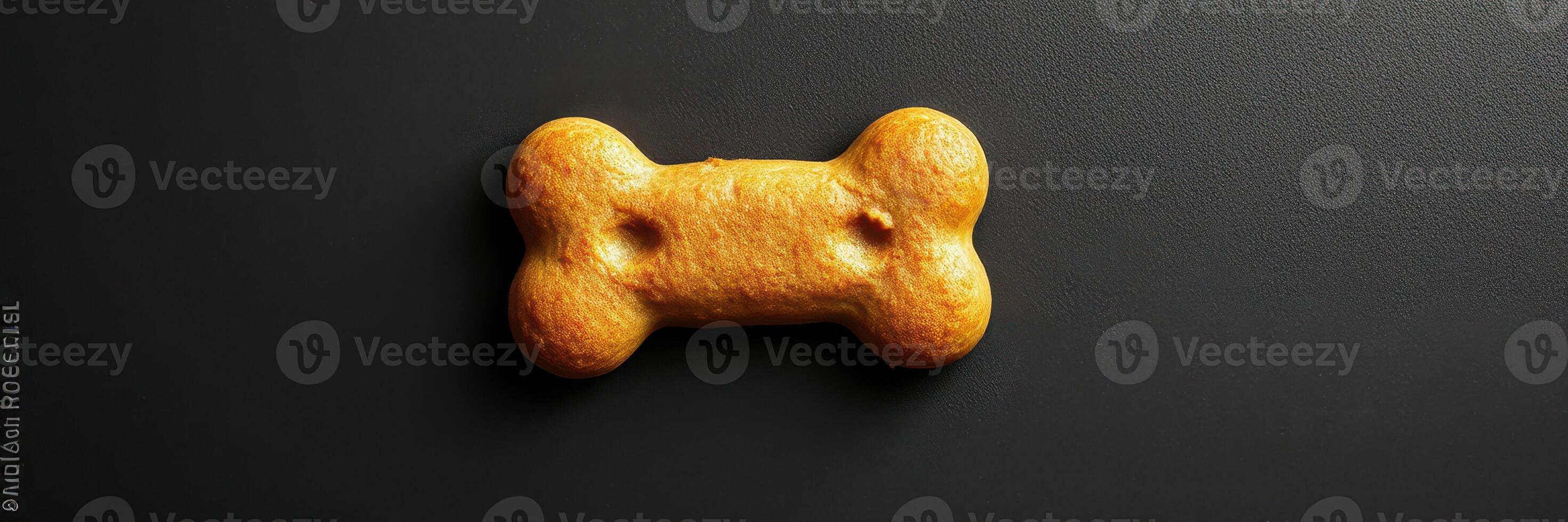 Dog biscuit shaped like a bone resting on a dark surface, showcasing its texture and color during a close-up view photo