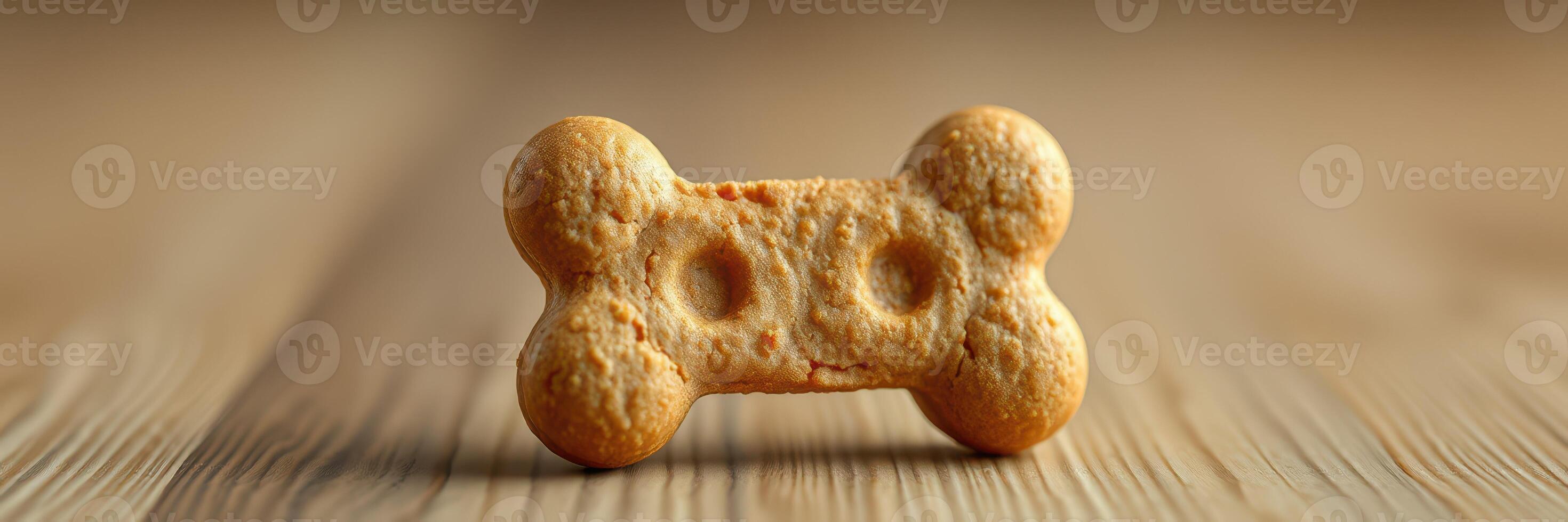 Dog treat shaped like a bone sits on a wooden surface in natural light during the daytime photo