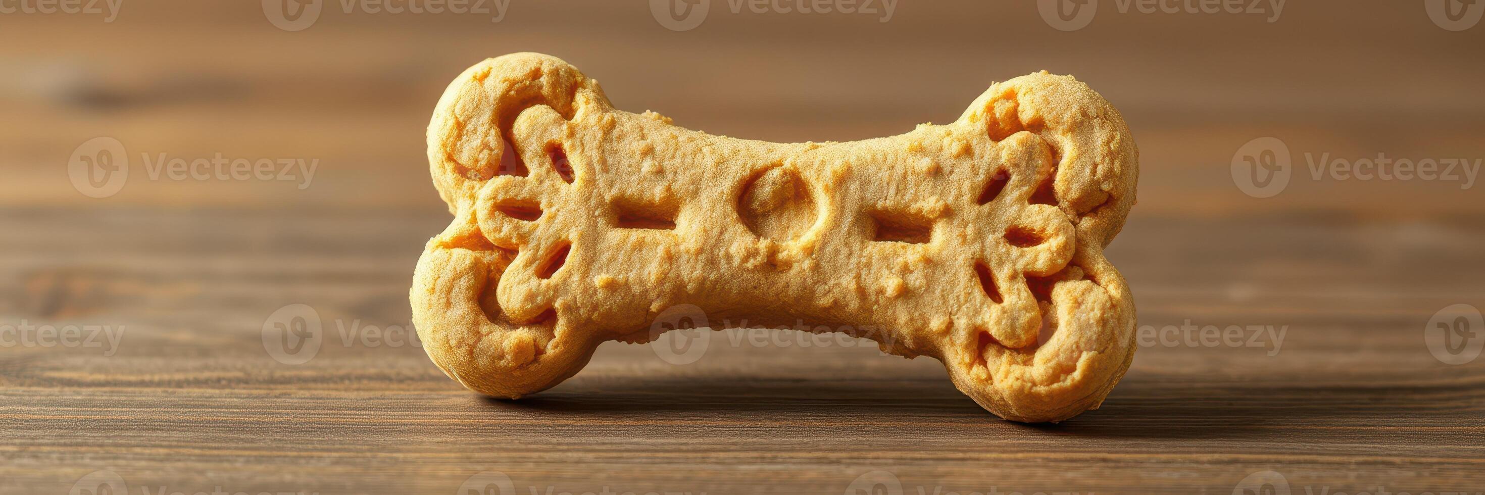 Unique dog biscuit shaped like a bone on a rustic wooden surface during daylight photo