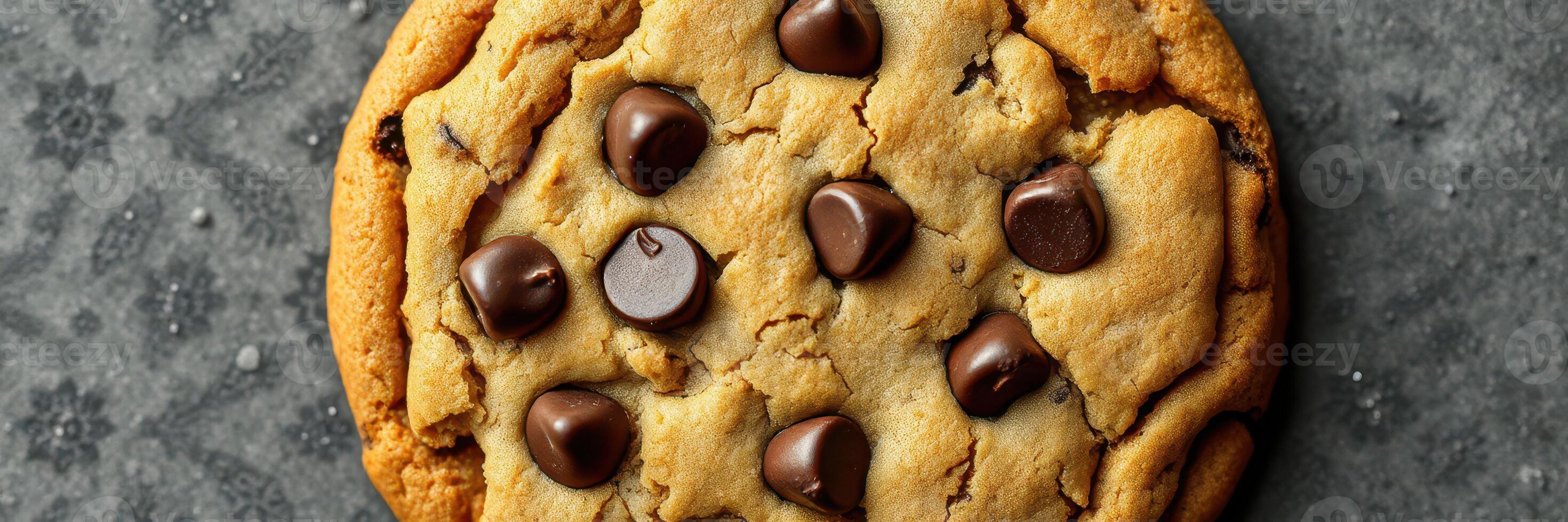 Freshly baked chocolate chip cookie on a gray surface, ready to be enjoyed with a glass of milk photo