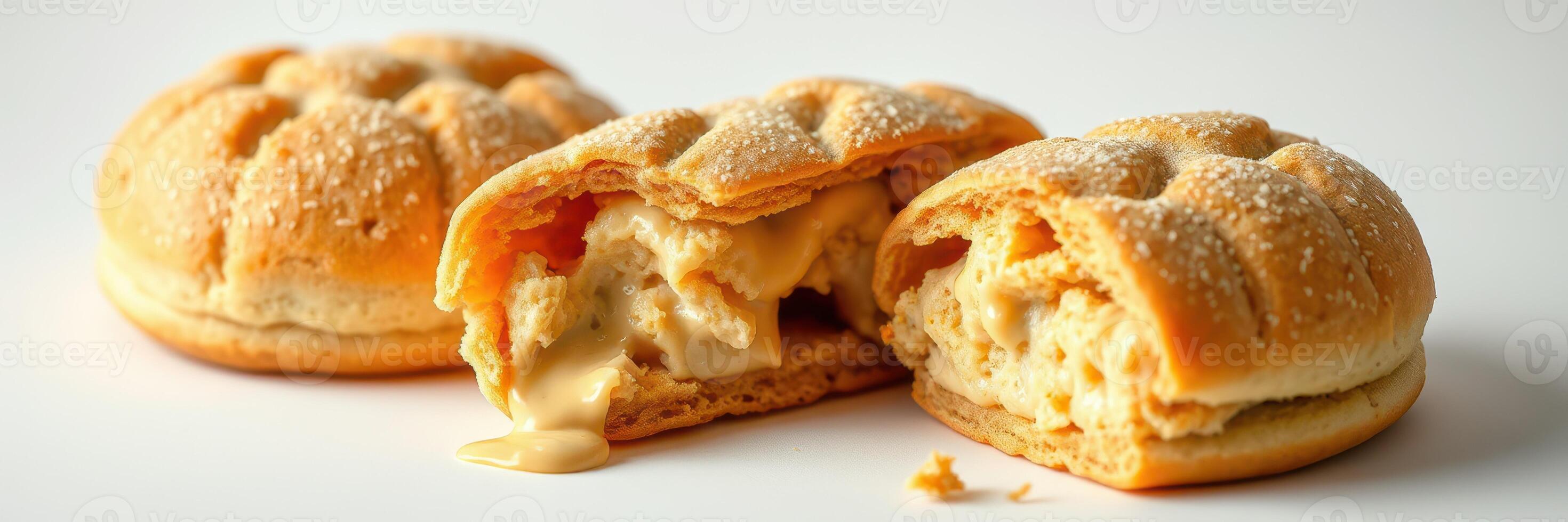 Delicious cream-filled pastries displayed on a white background showcasing their golden-brown crust and smooth filling photo