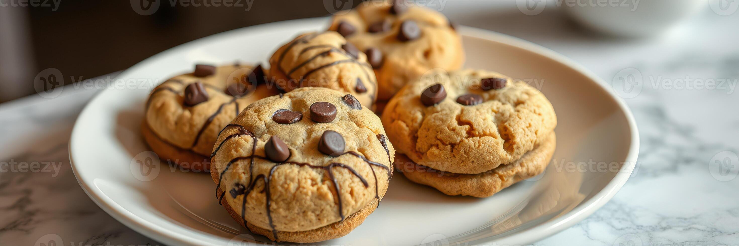 Chocolate chip cookies served on a white plate with a rich drizzle on top in a cozy cafe setting photo