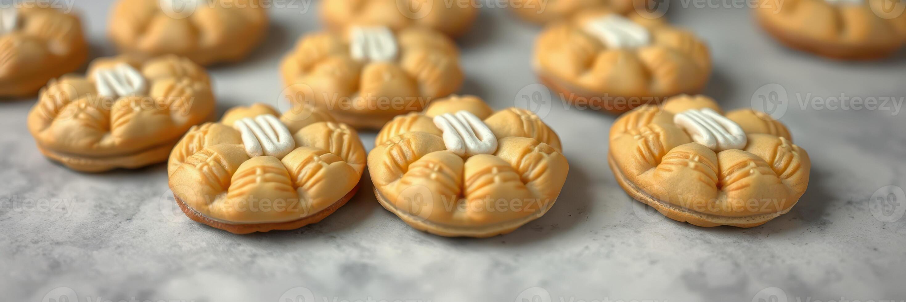 Deliciously crafted cookies with intricate designs arranged on a marble surface during a baking event photo