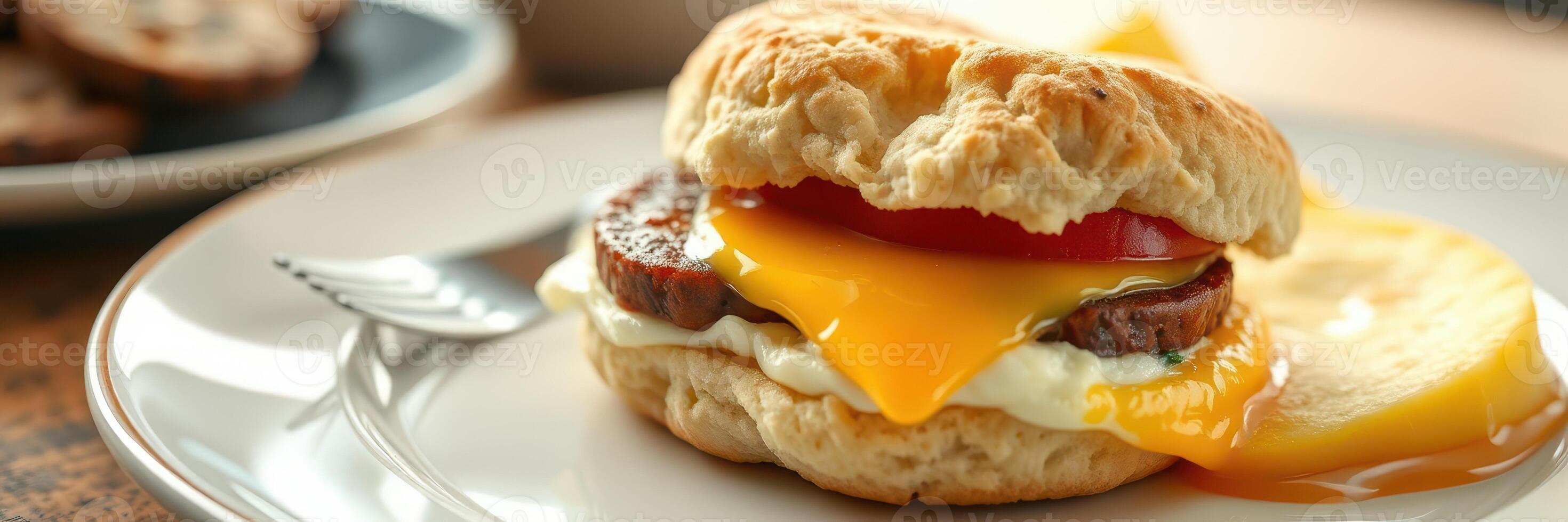 Breakfast sandwich with egg, cheese, and tomato served on a biscuit with a side of fruit at a cozy table photo
