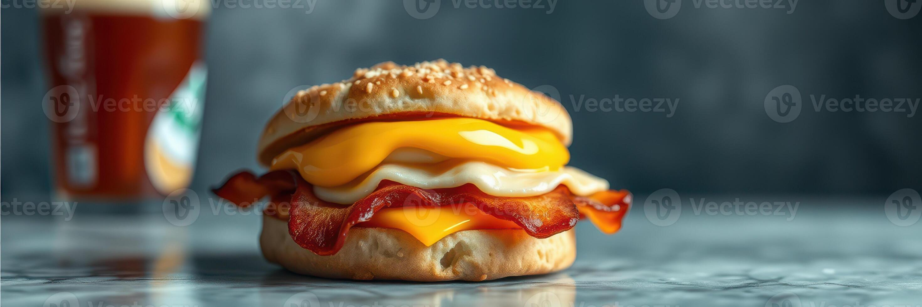 Enjoying a delicious breakfast sandwich with bacon, egg, and cheese on a sesame seed bun alongside a refreshing drink photo