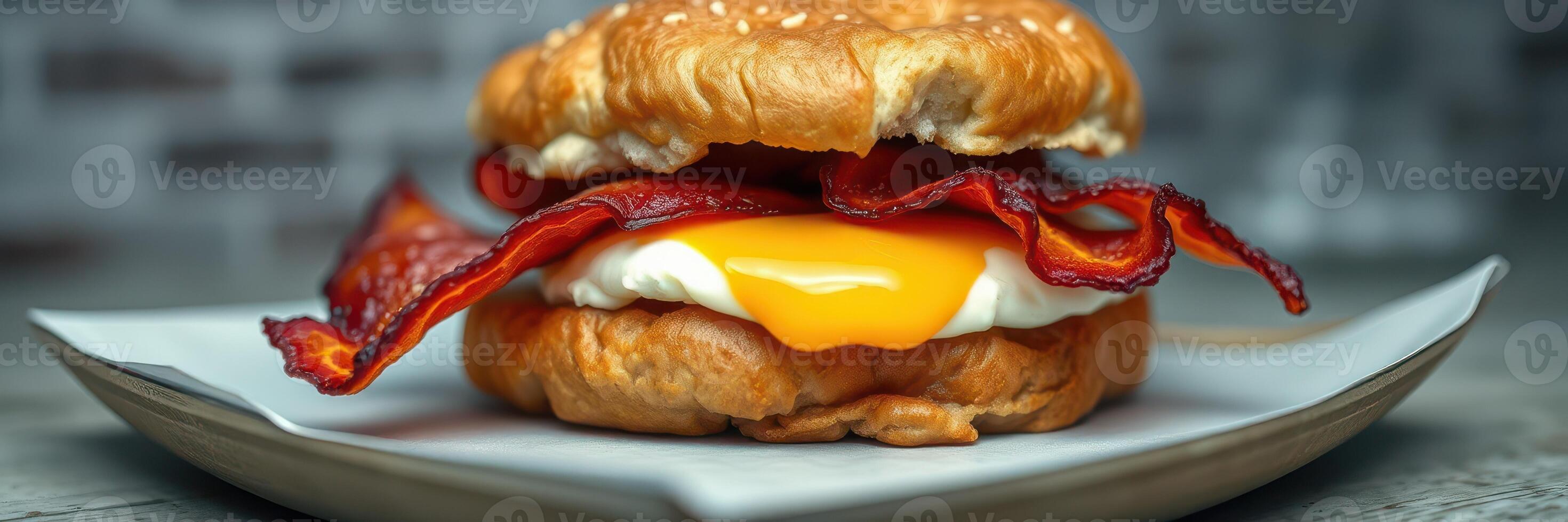 Delicious breakfast sandwich featuring crispy bacon and a runny fried egg served on a flaky croissant photo