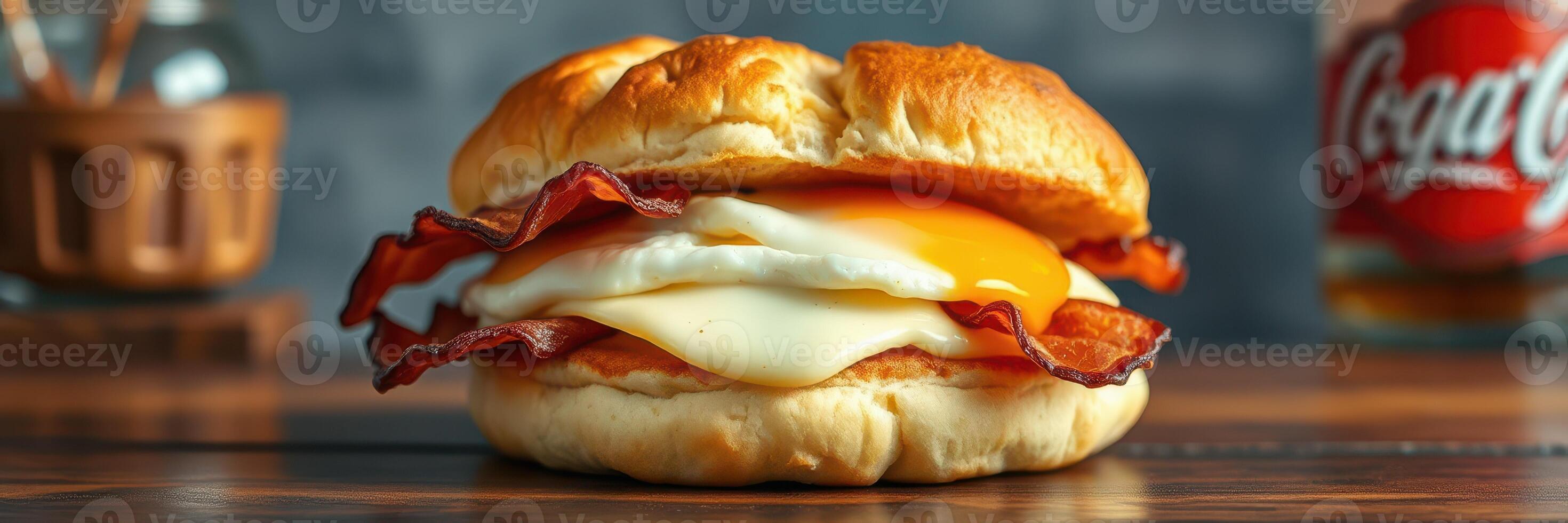 Breakfast sandwich with egg, cheese, and bacon on a wooden table with a beverage in the background photo