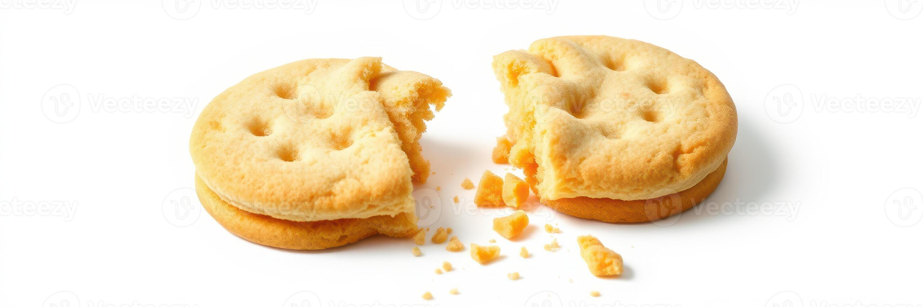 Delicious cream-filled cookies break apart with crumbs falling on a clean surface photo