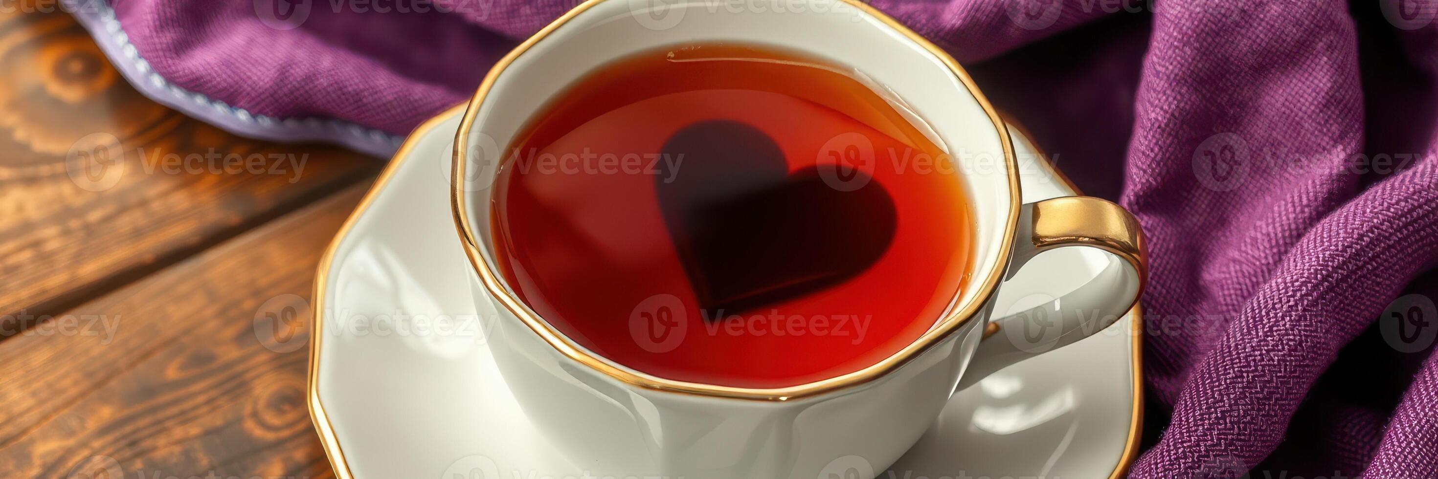Heart shaped pattern in tea cup with purple cloth on rustic wooden table photo