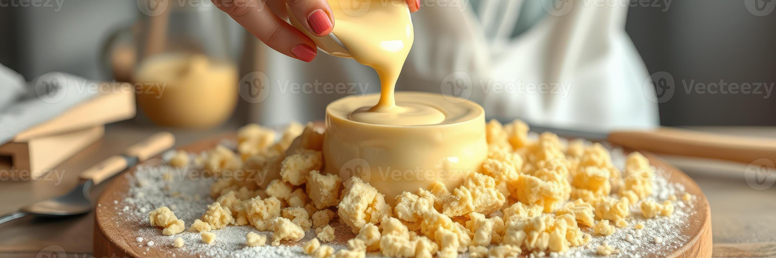 Delicious dessert preparation featuring creamy sauce poured over crumbled cake on a wooden board in a cozy kitchen setting photo