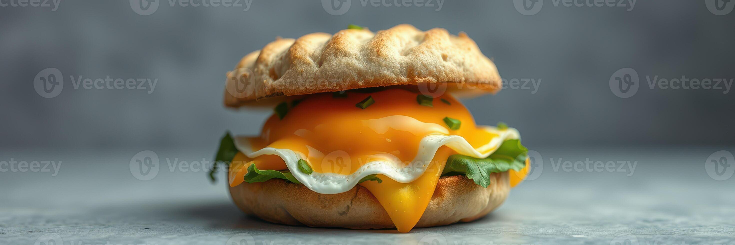 Mouthwatering sandwich with melted cheese, fresh greens, and a soft bun served on a gray background photo