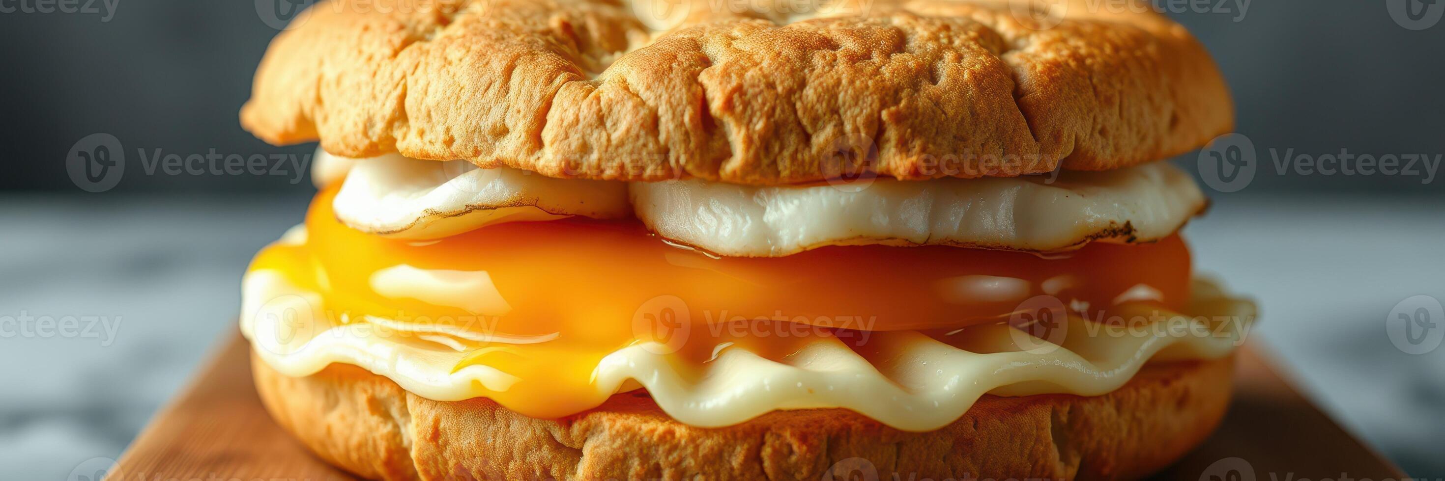 Delicious breakfast sandwich with fluffy eggs and melted cheese on a toasted biscuit served for a morning treat photo