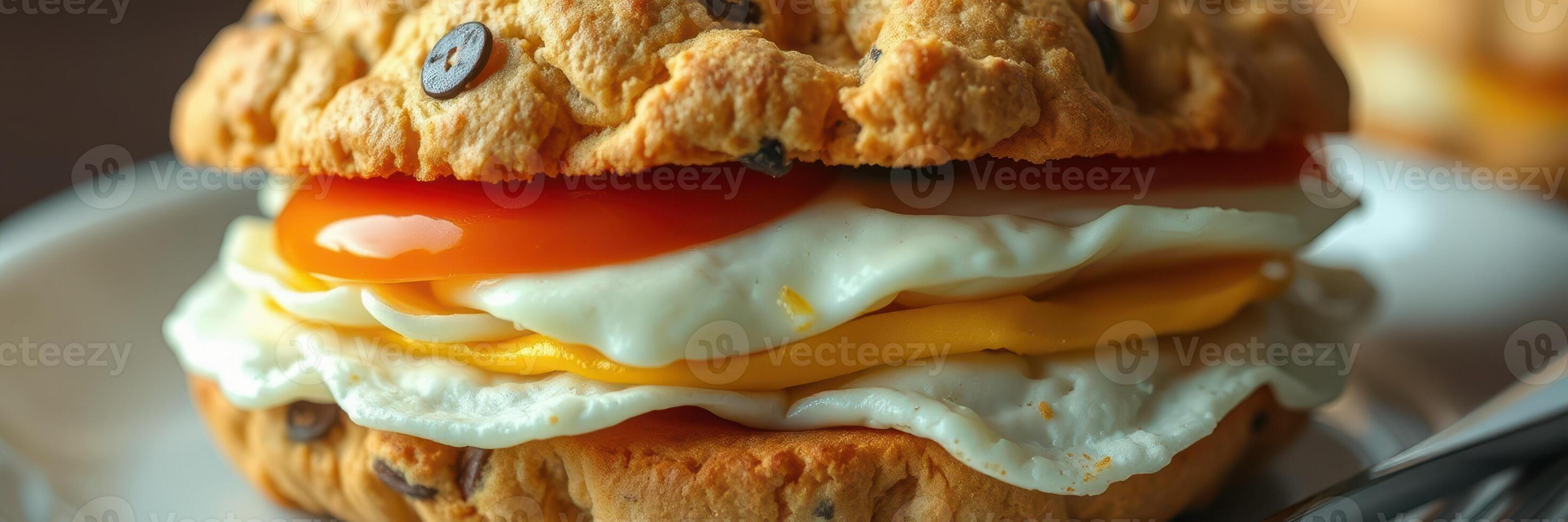 Savory breakfast sandwich with egg, cheese, and tomato on a freshly baked cookie photo