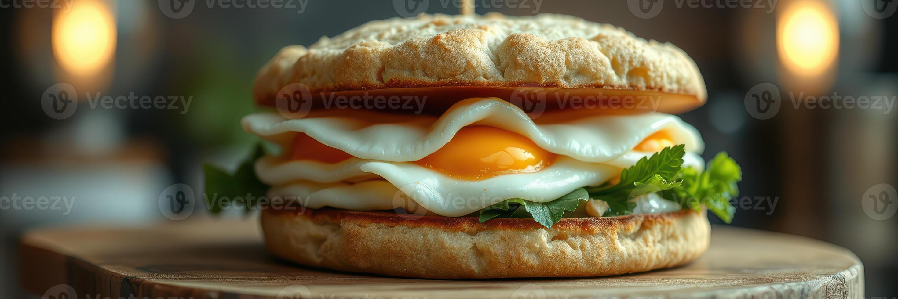 Delicious breakfast sandwich with eggs, greens, and a warm, toasted bun ready to be enjoyed in a cozy setting photo
