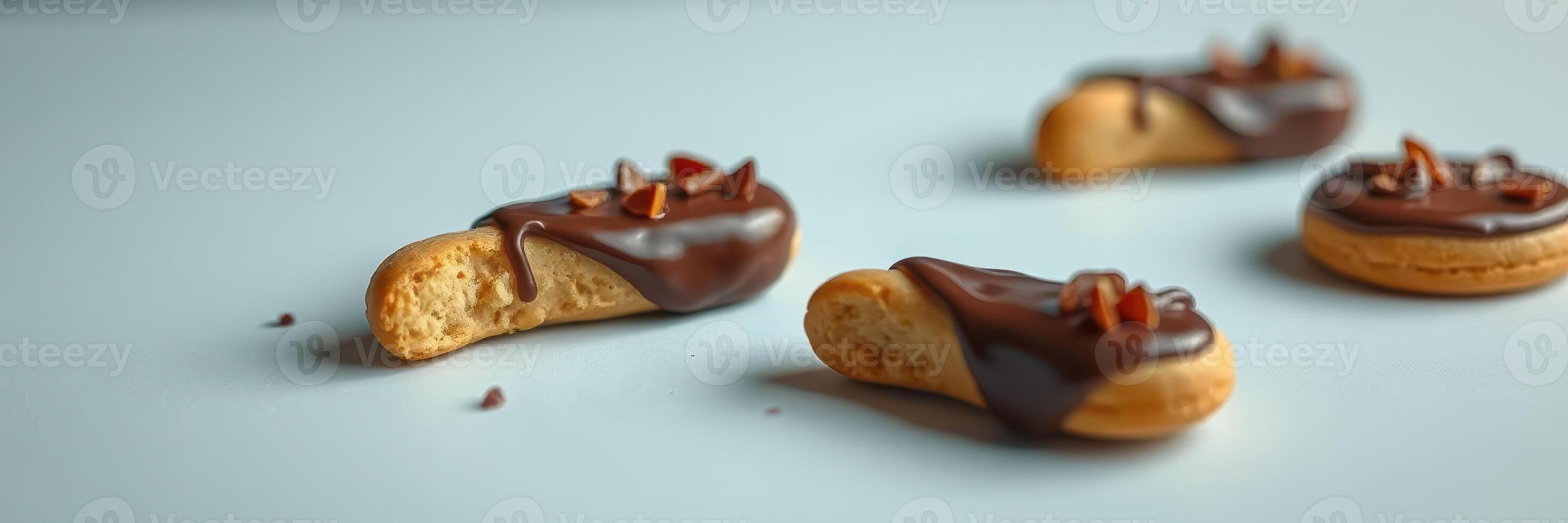 Delicious mini desserts topped with chocolate and nuts arranged on a light-colored surface photo