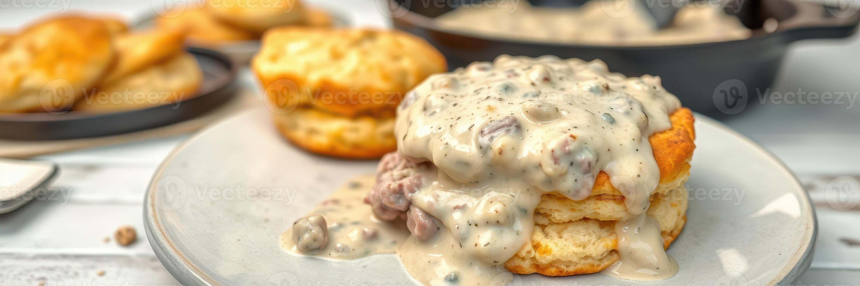 Delicious biscuits smothered in creamy sausage gravy served on a rustic table photo