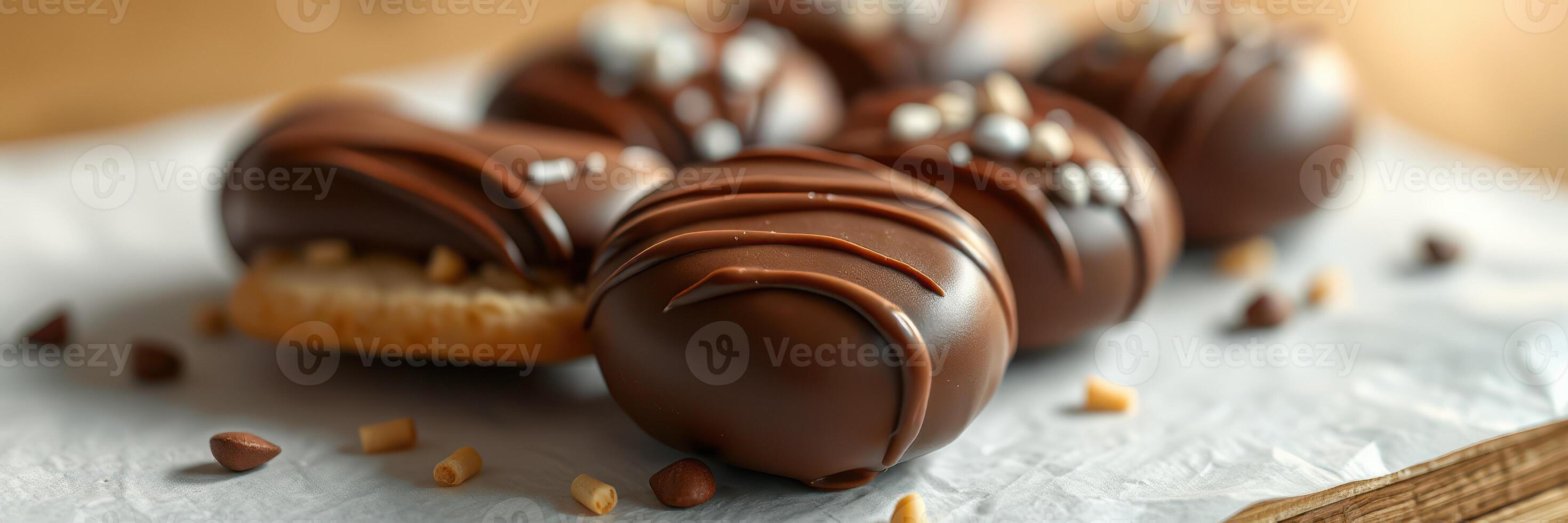 Delicious chocolate-covered cookies with toppings displayed on a rustic surface in warm light photo