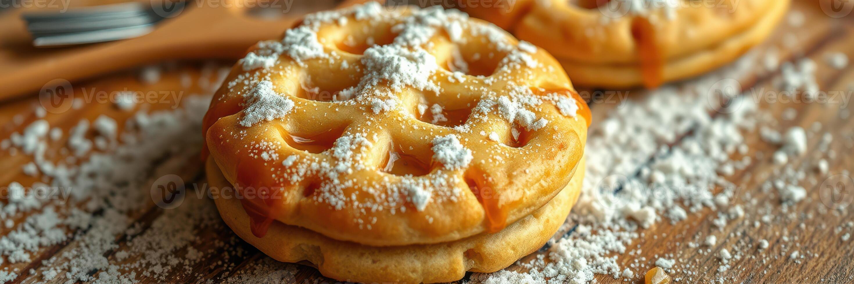 Delicious homemade waffles dusted with powdered sugar on a wooden table photo