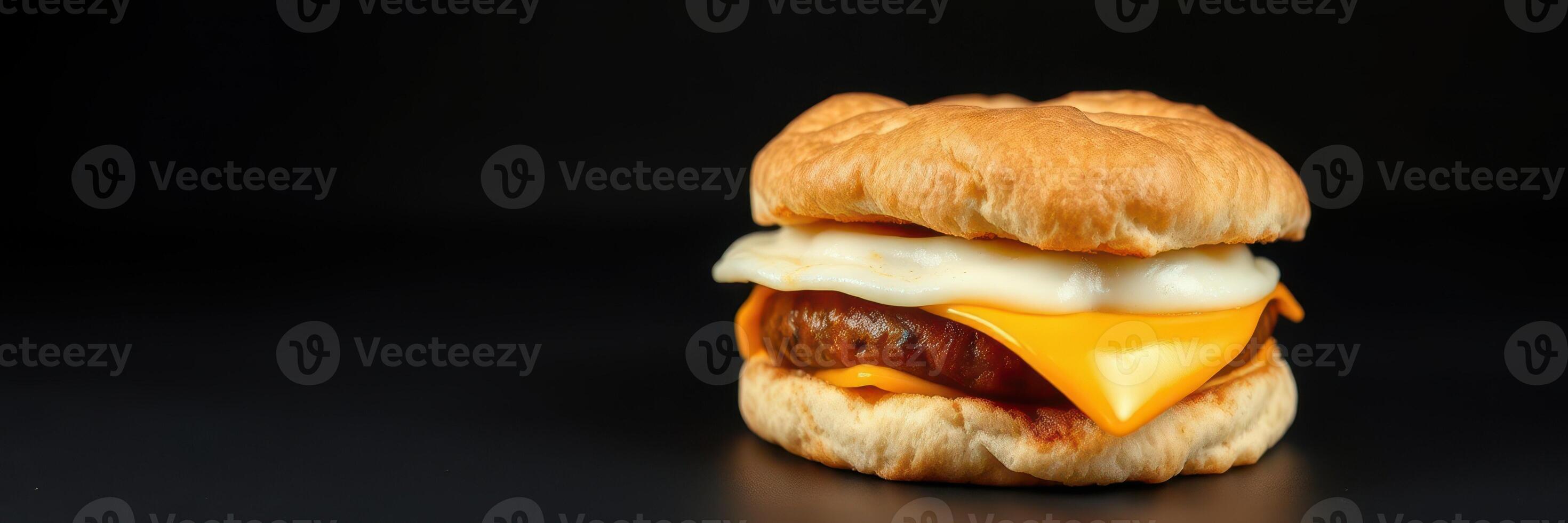 Savory breakfast sandwich with cheese, sausage, and egg on a flaky biscuit served on a dark background photo