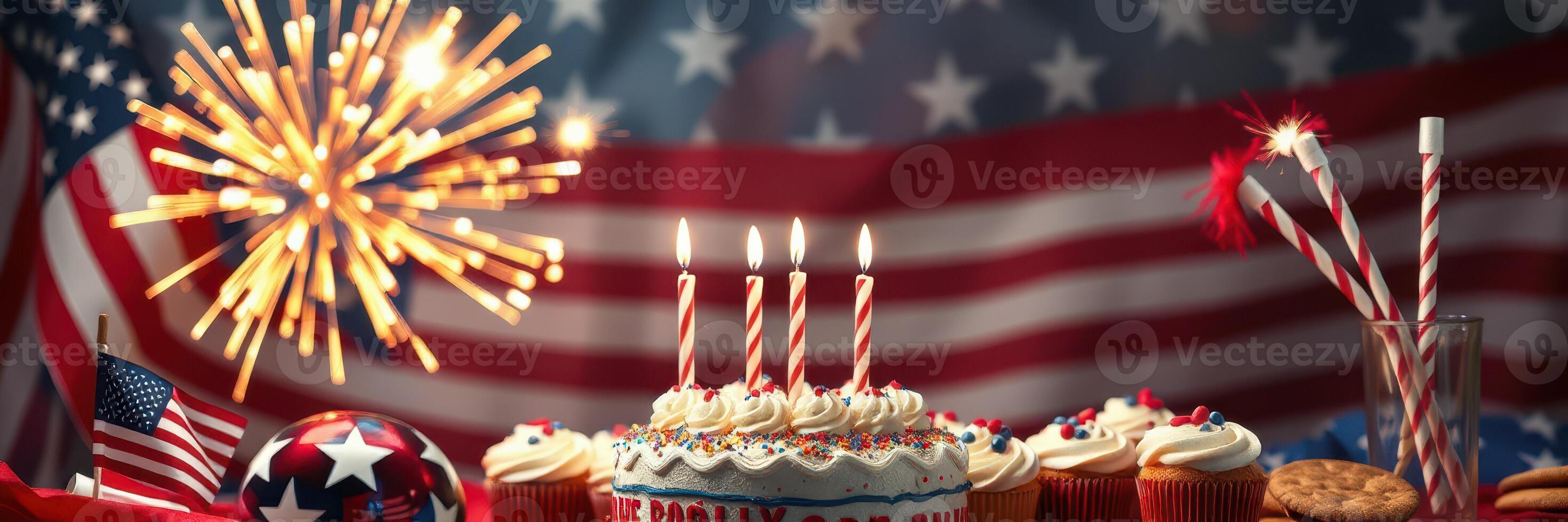 Celebration of Independence Day with festive decorations, cake, and fireworks in a patriotic setting photo
