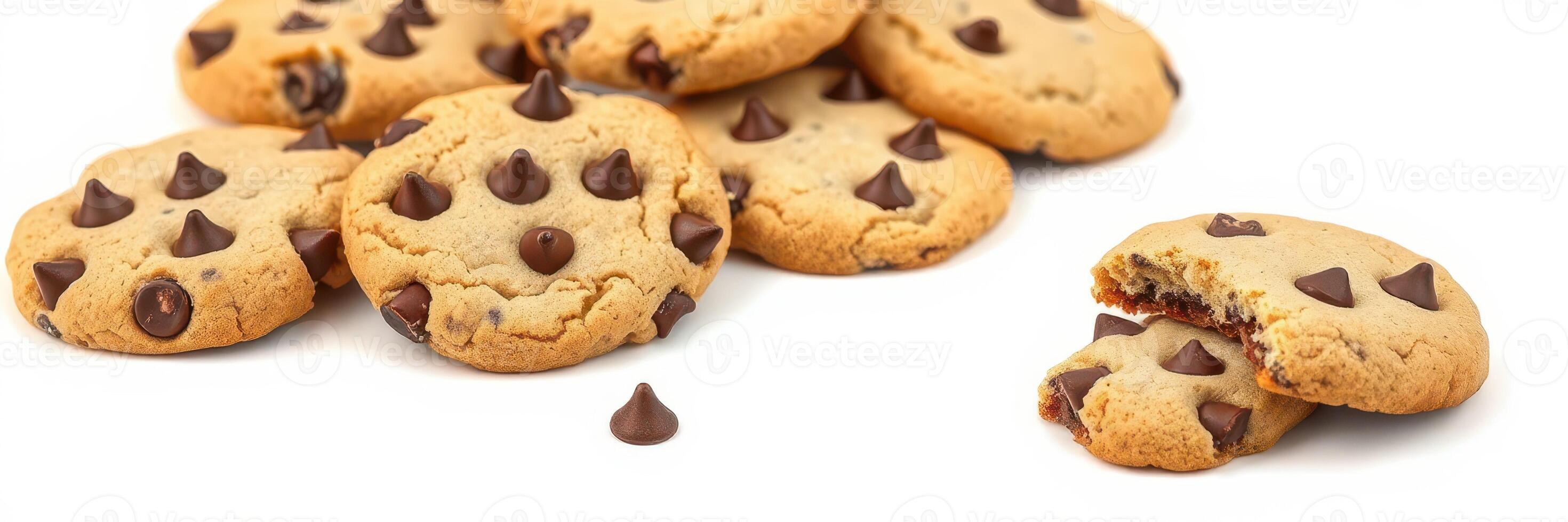 Freshly baked chocolate chip cookies arranged on a clean surface with one cookie broken in half photo