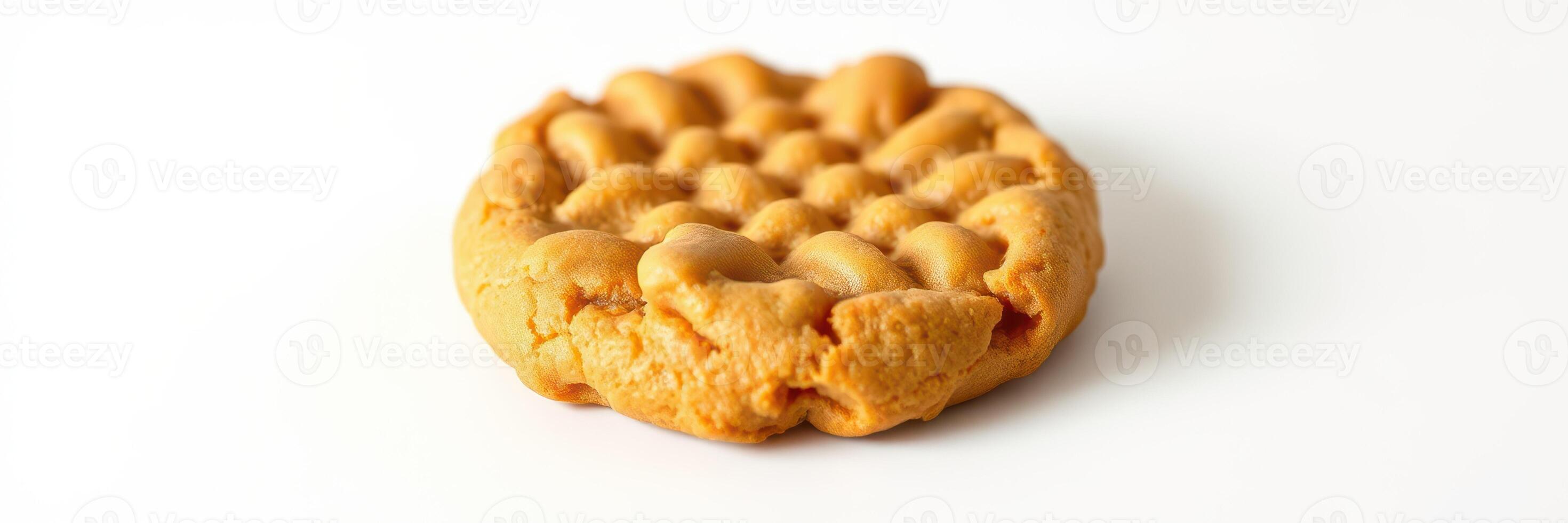 Freshly baked peanut butter cookie resting on a white surface showcasing its textured top and rich golden color photo