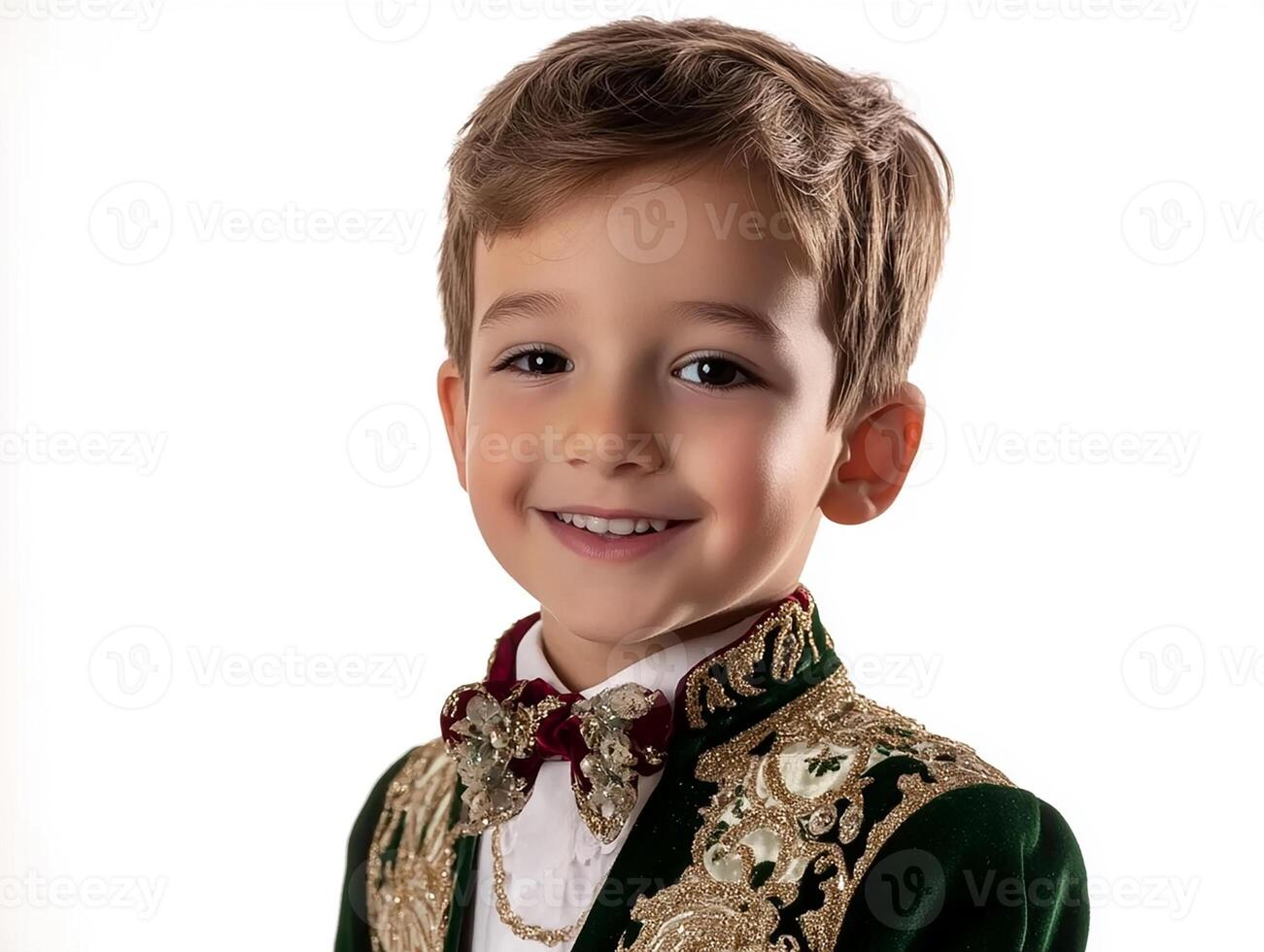 A young boy in a green and gold outfit photo