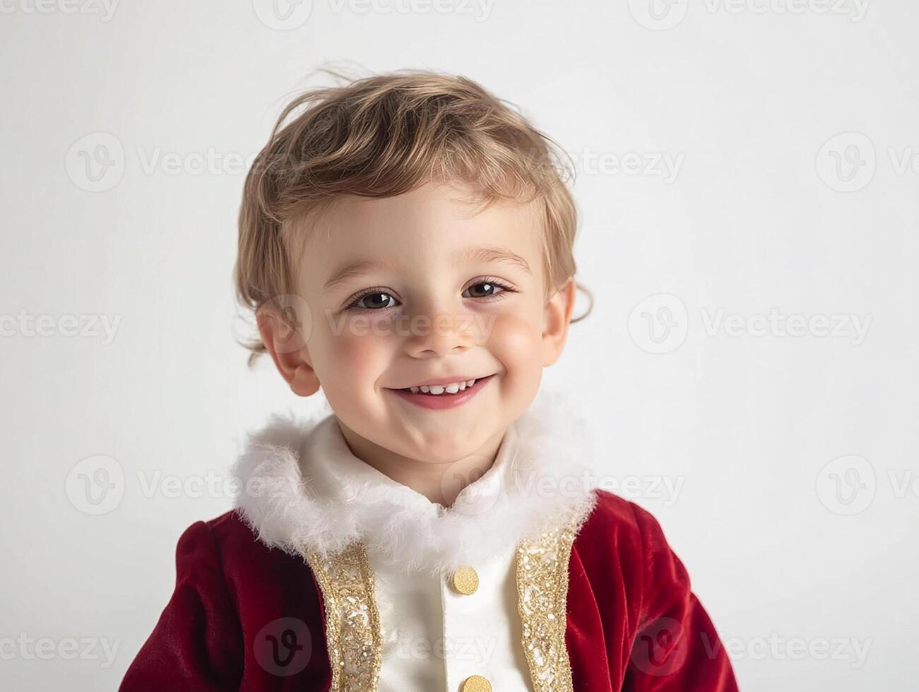 A young boy in a red santa suit smiling photo