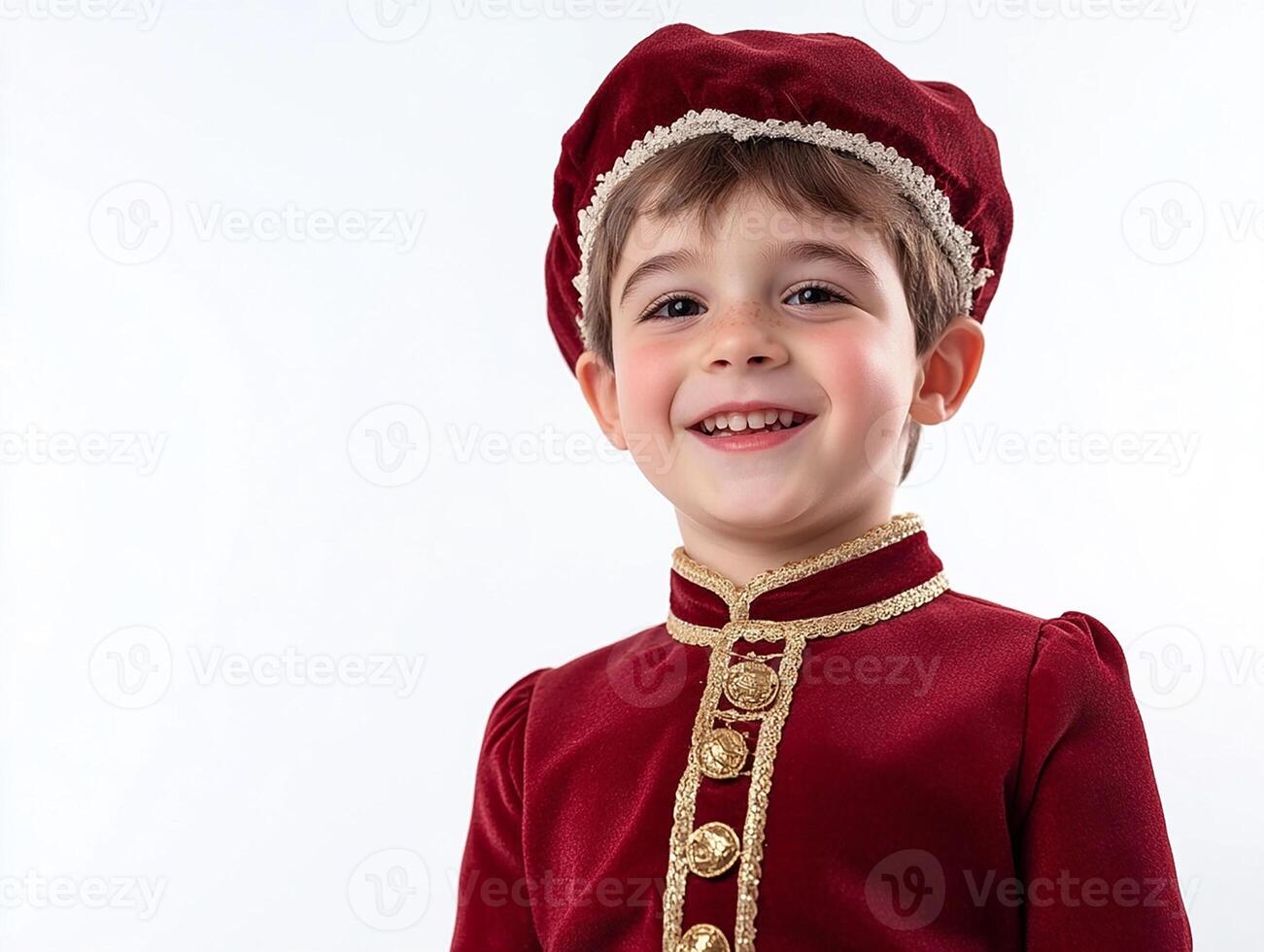 A young boy in a red velvet costume photo