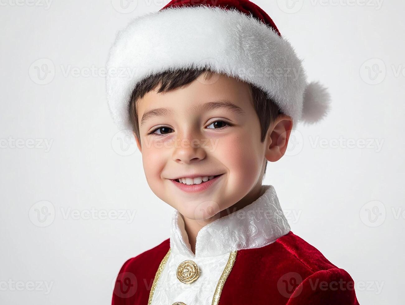 A young boy in a santa suit smiling photo