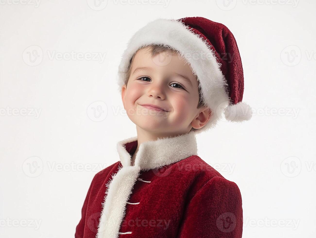 A young boy in a santa suit smiling photo
