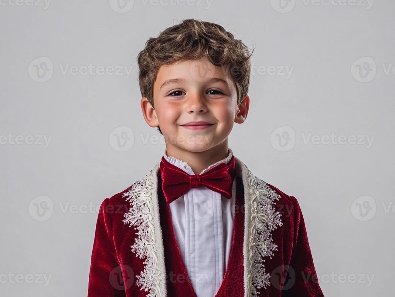 A young boy in a red velvet suit and bow tie photo