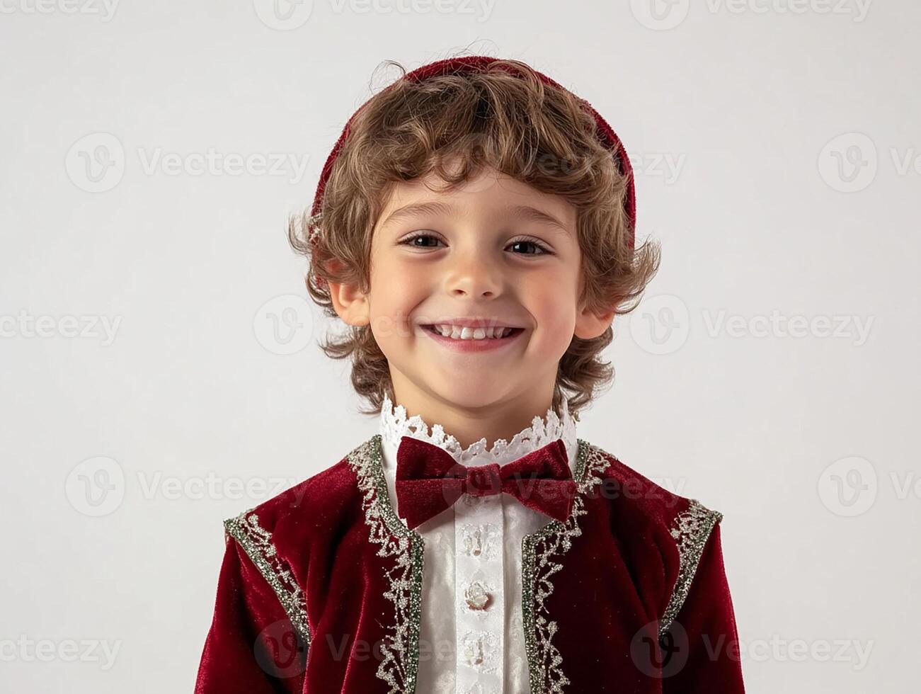 A young boy in a red velvet suit and bow tie photo