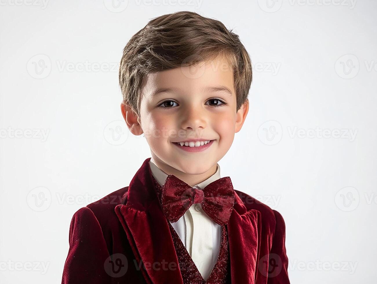 A young boy in a red velvet suit and bow tie photo