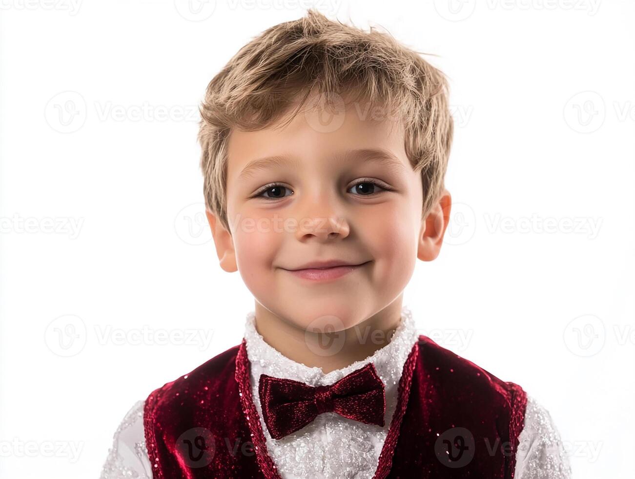 A young boy wearing a red velvet vest and bow tie photo