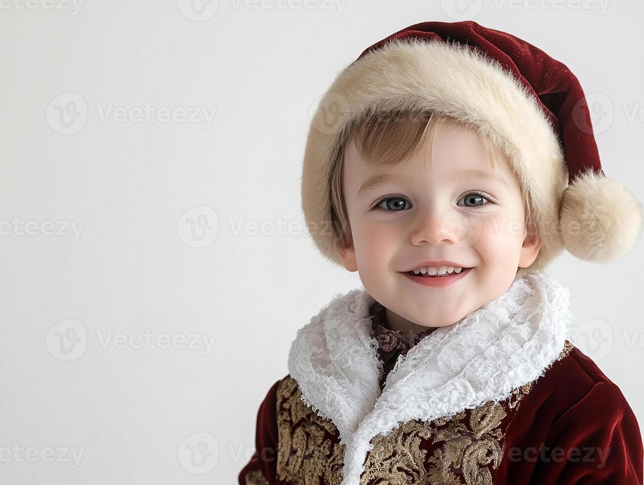 A young boy in a santa suit smiling photo