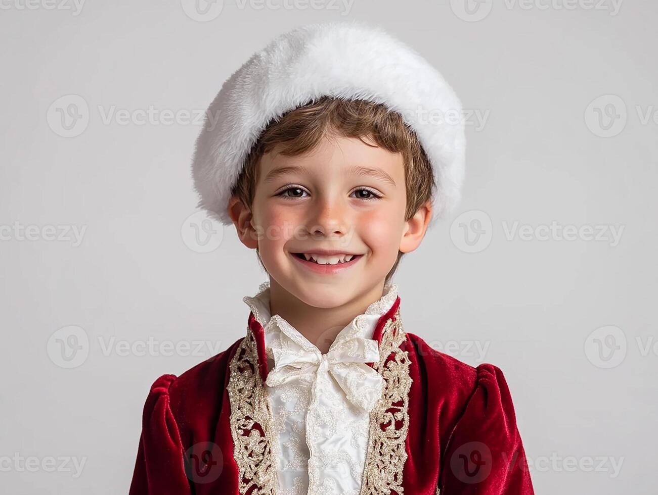 A young boy in a red velvet suit and white hat photo