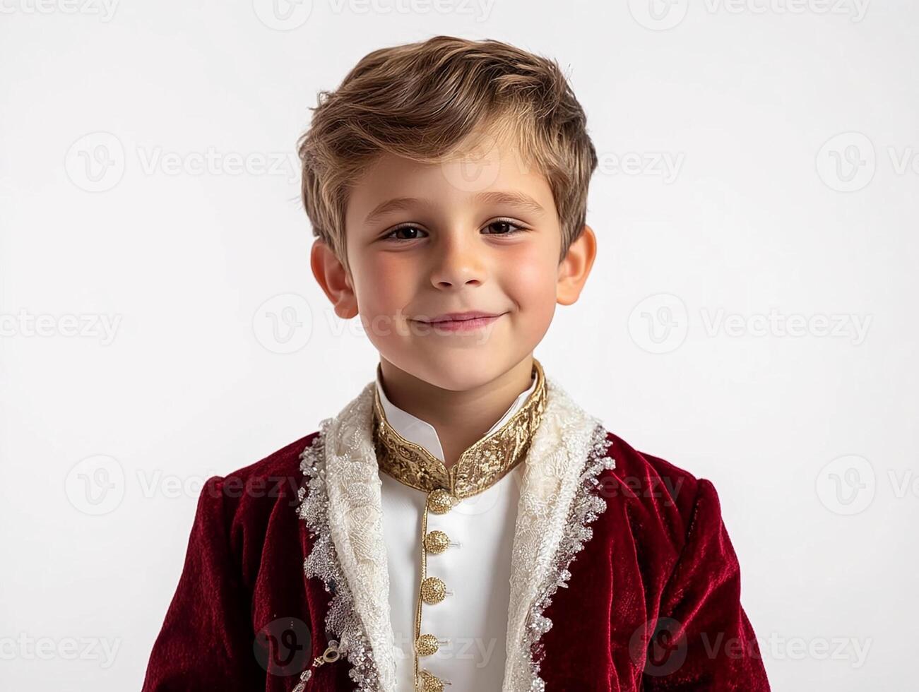 A boy in a red velvet suit posing for a photo