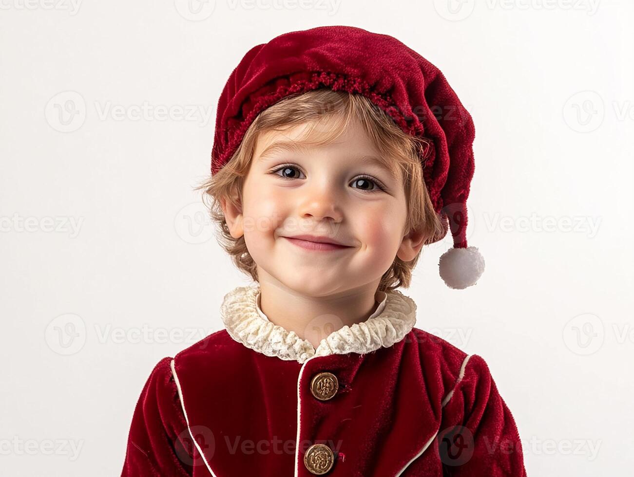 A young boy in a red velvet suit and hat photo
