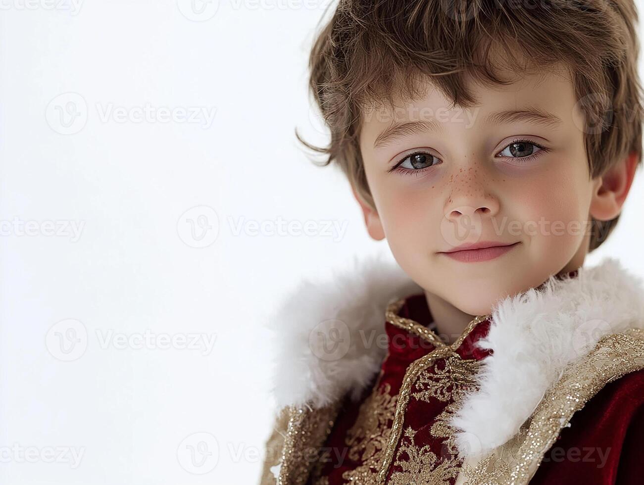 A young boy in a red and gold costume photo
