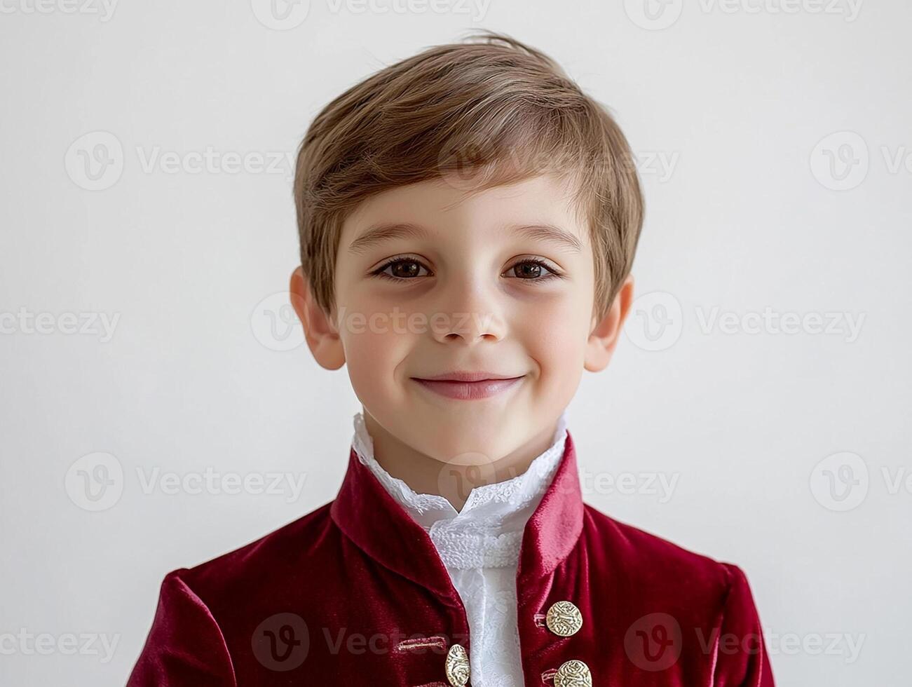 A young boy in a red velvet jacket and white shirt photo