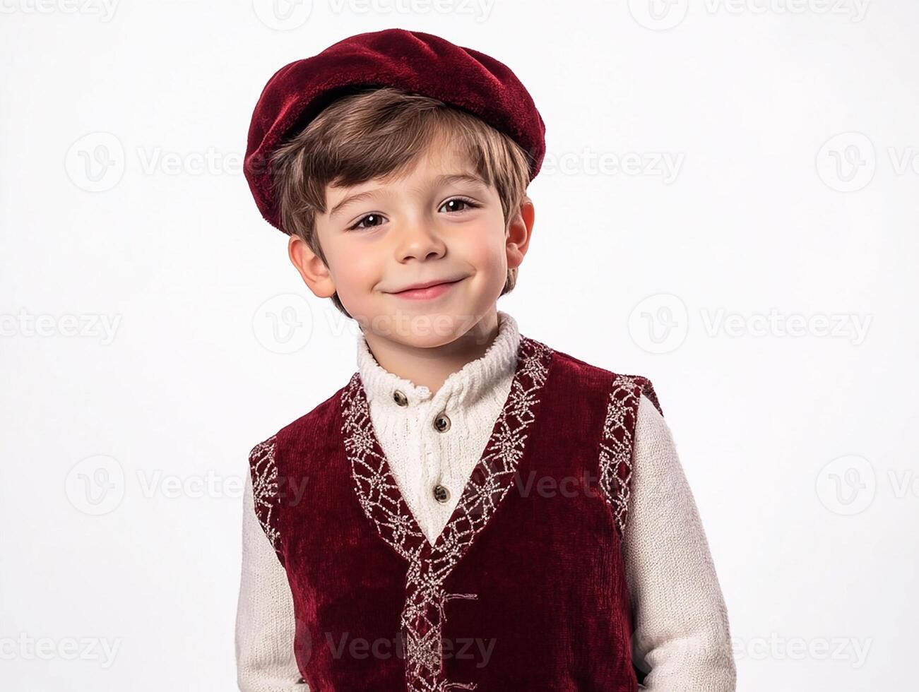 A boy in a red vest and beret photo