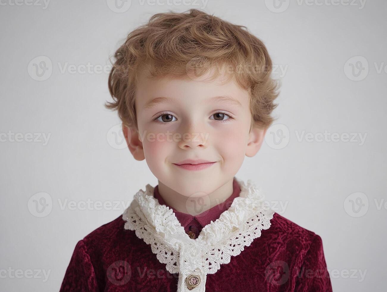 A young boy in a red velvet jacket and white collar photo