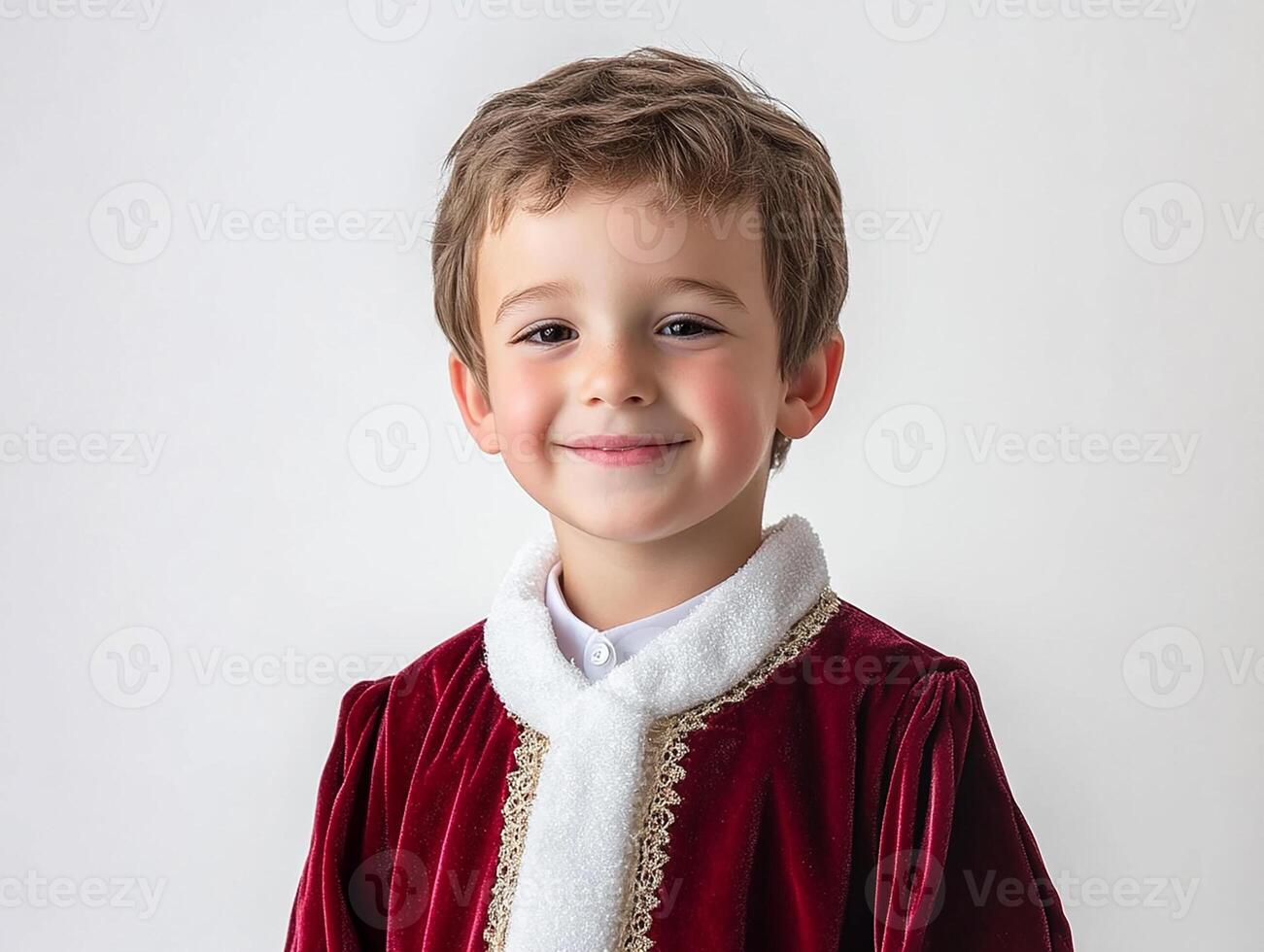 A young boy in a red velvet suit and white shirt photo